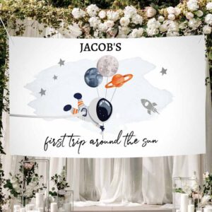 2 editable space gable box label outer space birthday gift box labels first trip around the sun party favors download printable corjl 0366 1