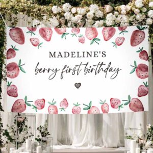 2 editable strawberry backdrop banner strawberry berry first birthday girl strawberries berry sweet download corjl template printable 0399 1