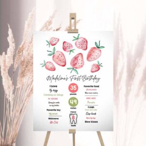 2 editable strawberry birthday milestones sign strawberry first birthday girl strawberries watercolor download template printable corjl 0399 1