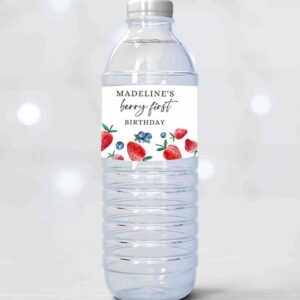 2 editable strawberry blueberry water bottle labels berry first birthday decor berry sweet 1st birthday party printable template corjl 0399 1