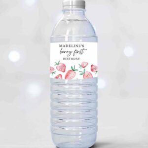 2 editable strawberry water bottle label strawberry birthday decor berry sweet 1st birthday first printable bottle label template corjl 0399 1