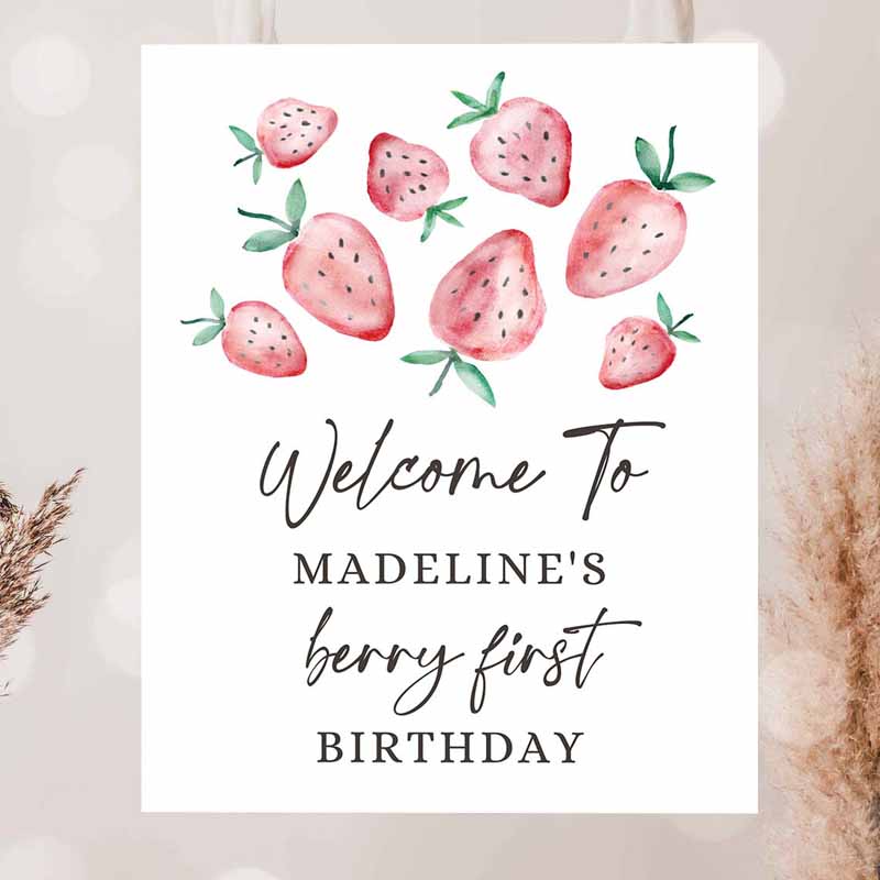 2 editable strawberry welcome sign strawberry birthday party welcome farmers market girl berry first watercolor template printable corjl 0399 1