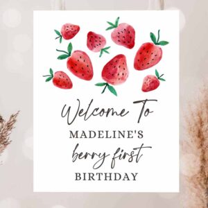 2 editable strawberry welcome sign strawberry birthday welcome farmers market girl berry first watercolor template printable corjl 0399 1