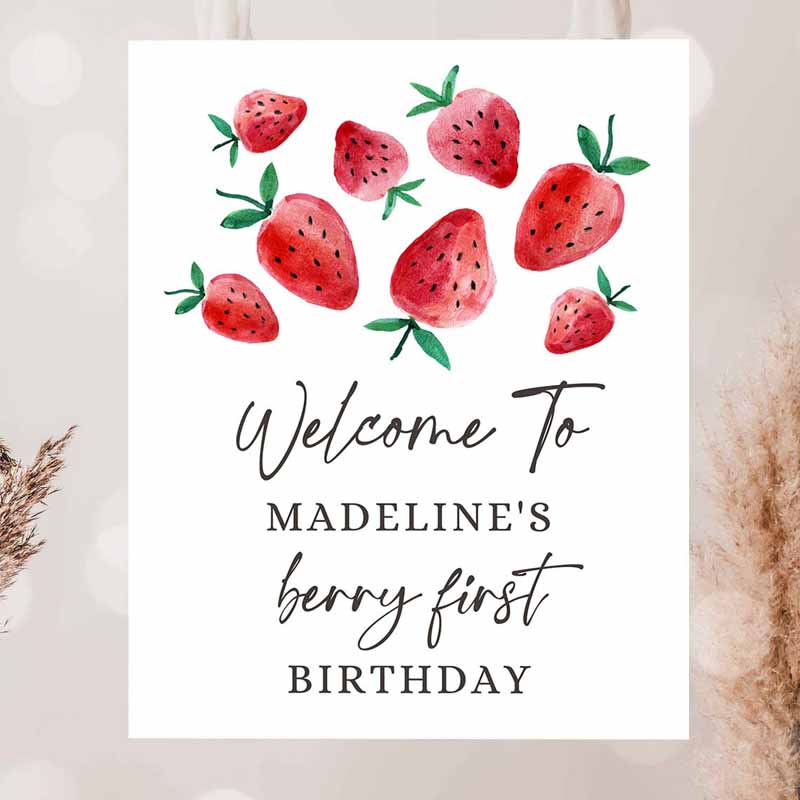 2 editable strawberry welcome sign strawberry birthday welcome farmers market girl berry first watercolor template printable corjl 0399 1