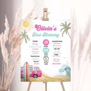 2 editable surf birthday milestone sign girl big one surfs up surfing board pink van retro beach 1st party template printable corjl 0433 1