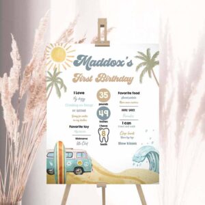 2 editable surf birthday milestones sign boy big one surfs up surfing board van retro beach 1st party template printable corjl 0433 1