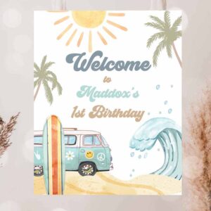 2 editable surf birthday welcome sign boy the big one surfs up birthday welcome sign beach party retro van wave template corjl printable 0433 1