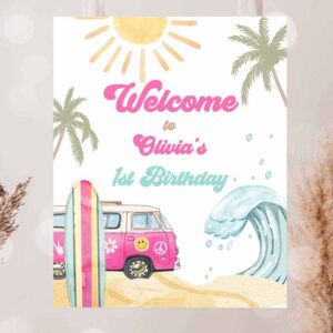 2 editable surf birthday welcome sign girl the big one surf up birthday welcome sign beach party retro wave template corjl printable 0433 1