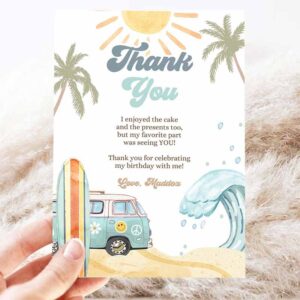 2 editable surf thank you card surfboard 1st birthday thank your note retro boy beach party wave surfer download template corjl digital 0433 1