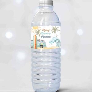 2 editable surf water bottle labels the big one party decor surf 1st birthday retro boy surfboard labels instant printable template corjl 0433 1