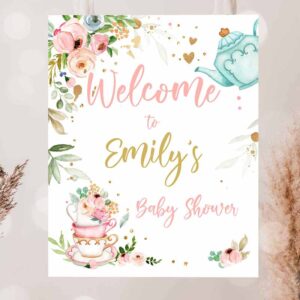 2 editable tea baby shower welcome sign baby is brewing floral pink gold whimsical girl shower garden party template printable corjl 0349 1