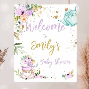 2 editable tea baby shower welcome sign baby is brewing floral purple gold whimsical neutral shower garden party template printable corjl 0349 1