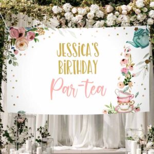 2 editable tea birthday backdrop tea for two birthday girl pink gold floral tea party par tea whimsical tea corjl template printable 0349 1
