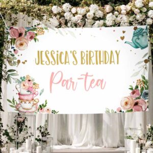 2 editable tea birthday party backdrop tea for two birthday girl pink gold floral tea party par tea whimsical tea corjl template printable 0349 1