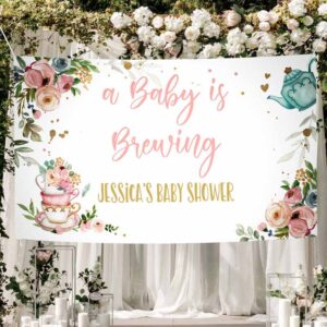 2 editable tea party baby shower backdrop baby is brewing girl pink gold floral tea shower par tea brunch corjl template printable 0349 1