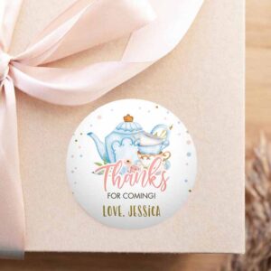 2 editable tea party favor tag sticker baby shower baby is brewing floral blue gold whimsical girl square round template corjl printable 0349 1