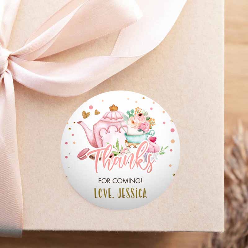 2 editable tea party favor tag sticker baby shower baby is brewing floral pink gold tea for two partea par tea template corjl printable 0349 1