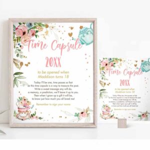 2 editable tea party time capsule birthday party baby shower sprinkle floral pink gold blush bubbly guestbook corjl template printable 0349 1