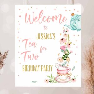 2 editable tea for two party welcome sign tea birthday welcome floral pink peach girl 2nd birthday garden party template printable corjl 0349 1