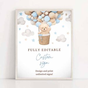 2 editable teddy bear hot air balloon baby shower custom sign boy blue teddy bear baby shower we can bearly wait shower instant download 4h 1