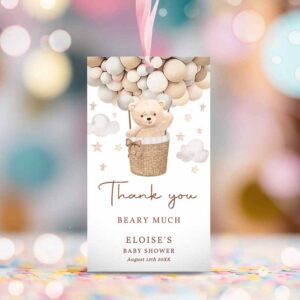 2 editable teddy bear hot air balloon baby shower favor tags gender neutral teddy bear baby shower we can bearly wait instant download 6h 1