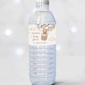 2 editable teddy bear hot air balloon baby shower water bottle labels blue boy teddy bear baby shower favor labels instant download je 1