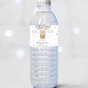 2 editable teddy bear hot air balloon baby shower water bottle wraps boy blue teddy bear baby shower we can bearly wait instant download 4h 1
