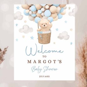 2 editable teddy bear hot air balloon baby shower welcome sign boy blue teddy bear baby shower we can bearly wait shower instant download 4h 1