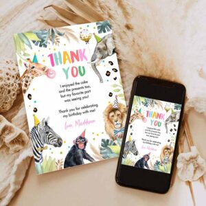 2 editable thank you card safari animal wild one two wild thank you note girl pink gold jungle zoo party animals corjl template digital 0417 1