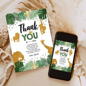 2 editable thank you card safari animals wild one thank you note black gold photo boy jungle zoo animals printable corjl template digital 0016 1