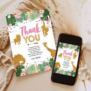 2 editable thank you card safari animals wild one thank you note black photo girl pink gold jungle zoo animals corjl template digital 0016 1