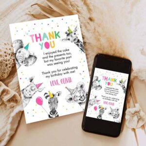 2 editable thank you card safari animals wild one two wild thank you note girl pink wild three zoo party animals corjl template digital 0390 1