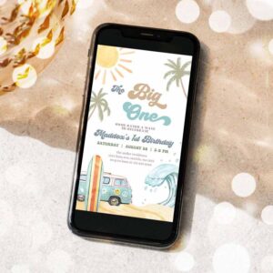 2 editable the big one surf 1st birthday evite retro surfboard beach party wave surfer boho invite phone download template 1