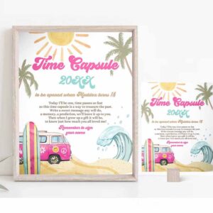 2 editable time capsule surf first birthday party design surfing decorations the big one girl pink beach wave retro template printable corjl 0433 1