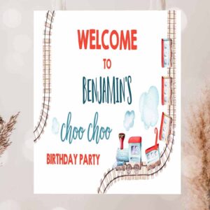 2 editable train birthday backdrop banner train party railroad vintage train welcome sign red blue boy download corjl template printable 0149 1