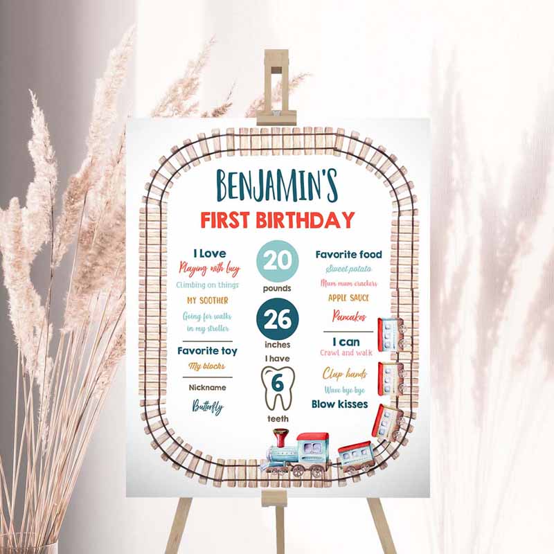 2 editable train birthday milestones sign vintage train party boy 1st birthday railroad transportation red blue template printable corjl 0149 1