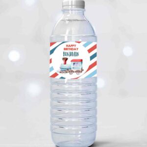 2 editable train water bottle labels boy birthday train decor red blue bottle wraps railroad transportation printable corjl template 0149 1