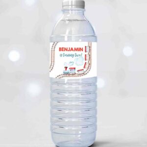 2 editable train water bottle labels train birthday decor red blue bottle wrap railroad chugga chugga two choo printable corjl template 0149 1