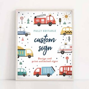 2 editable transportation birthday fully editable custom sign trucks cars diggers tractor first responders birthday party instant download auh 1