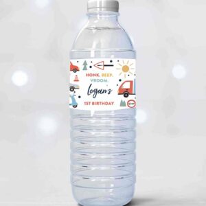 2 editable transportation birthday water bottle labels trucks cars diggers tractor first responders birthday party instant download auh 1