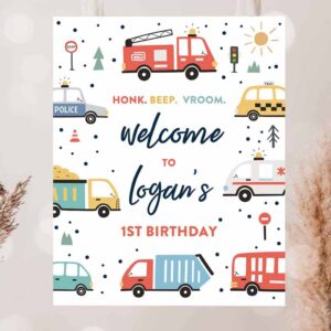 2 editable transportation birthday welcome sign trucks cars diggers tractor first responders birthday party sign instant download auh 1
