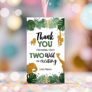 2 editable two wild safari animals favor tags second birthday jungle zoo animals thank you tags 2nd boy green gold corjl template 0016 1