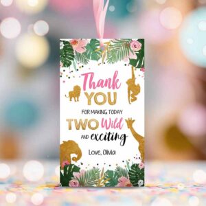 2 editable two wild safari animals favor tags second birthday jungle zoo animals thank you tags 2nd girl pink gold digital corjl template 0016 1