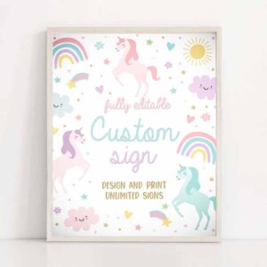 2 editable unicorn birthday custom sign magical pastel rainbow unicorn birthday party whimsical fairytale unicorn party instant download uy6 1