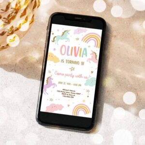 2 editable unicorn birthday evite magical party invite girl pink pastel first digital unicorn party template rainbow phone download corjl 0426 1