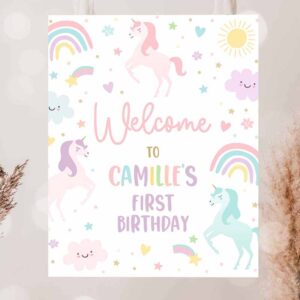 2 editable unicorn birthday party welcome sign magical pastel rainbow unicorn birthday party whimsical fairytale unicorn party instant download uy6 1