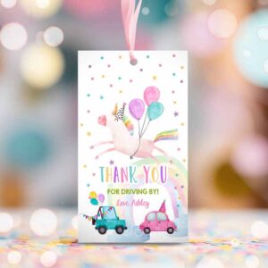 2 editable unicorn favor tags drive by birthday favors party parade magical rainbow thank you gift tags pink girl corjl template printable 0336 1