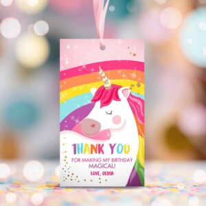 2 editable unicorn favor tags unicorn magical birthday thank you tags label rainbow birthday gift tags pink gold template printable corjl 0323 1