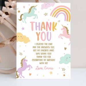 2 editable unicorn thank you card magical party birthday girl pink pastel first digital unicorn party template rainbow download corjl 0426 1