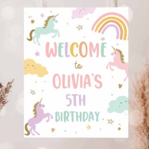 2 editable unicorn welcome sign pastel unicorn birthday door sign rainbow girl magical party sign poster pink template printable corjl 0426 1
